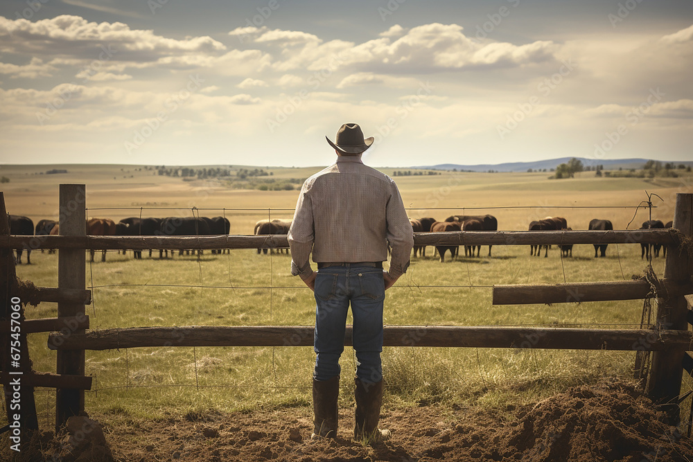 The back view of a big man in cowboy wide brimmed hat and boots stand near a wooden fence while looking at the cow herd in the field. Generative AI.