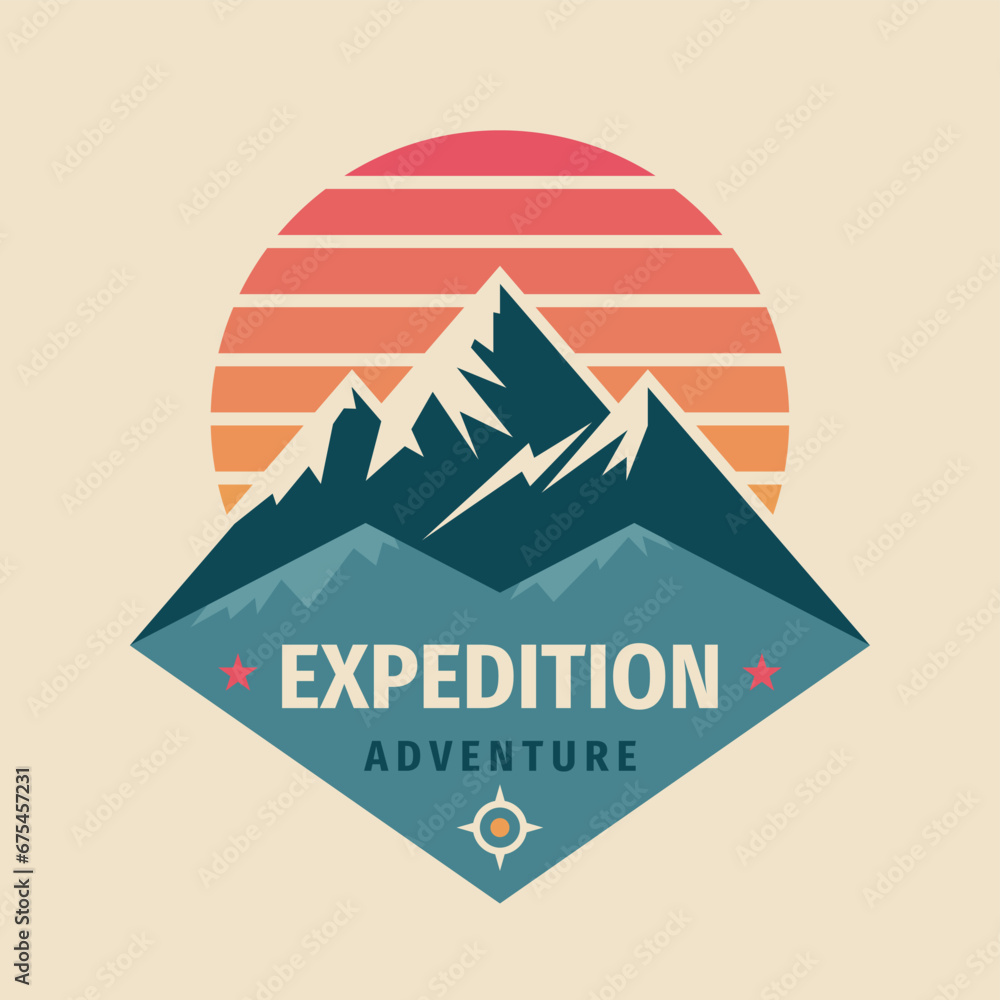 Mountain logo badge graphic design. Hiking climbing concept emblem. Expedition adventure outdoor logo sign. Vector illustration. Flat graphic style.