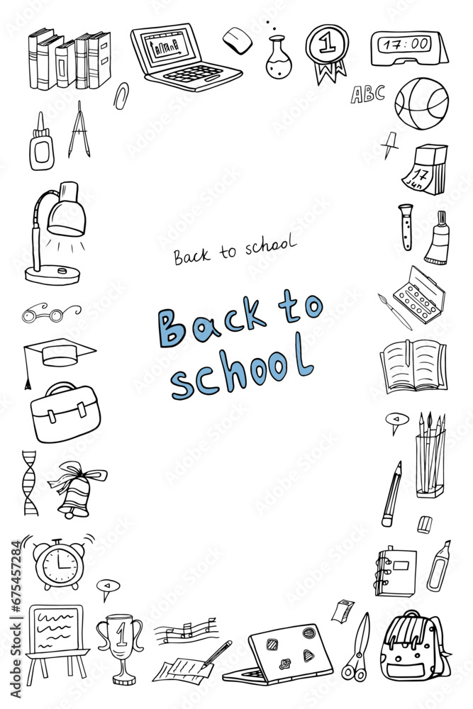 Rectangular frame clipart of International Day of Education with lettering. School icons Back to school. Great for banner, posters, cards, professional design, website, advertising. Hand drawn Rectangular frame clipart of International Day of Education with lettering. School icons Back to school. Great for banner, posters, cards, professional design, website, advertising. Hand drawn
