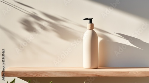 shampoo bottle item photography, standing on a white cylinder, podium stage, light beige background, beautiful lighting and shadow from the window, a flat front shot, wood, minimalist style photo