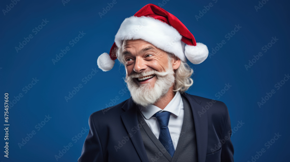 A joyful man wearing a Santa hat, and a formal suit standing against a blue background, exuding a warm Christmas spirit. A joyful man wearing a Santa hat, and a formal suit standing against a blue background, exuding a warm Christmas spirit.