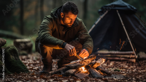A bearded man sits by a campfire in a forested area, using his smartphone, with a tent behind him and a thermos bottle beside him.
