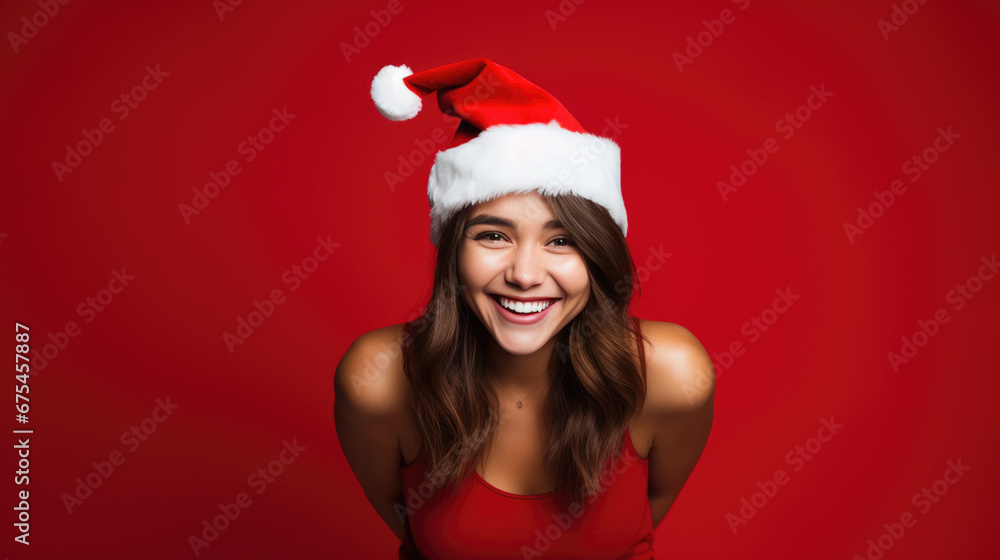 Joyful woman wearing a Santa hat, laughing against a vibrant red background, embodying the festive spirit of Christmas. Joyful woman wearing a Santa hat, laughing against a vibrant red background, embodying the festive spirit of Christmas.