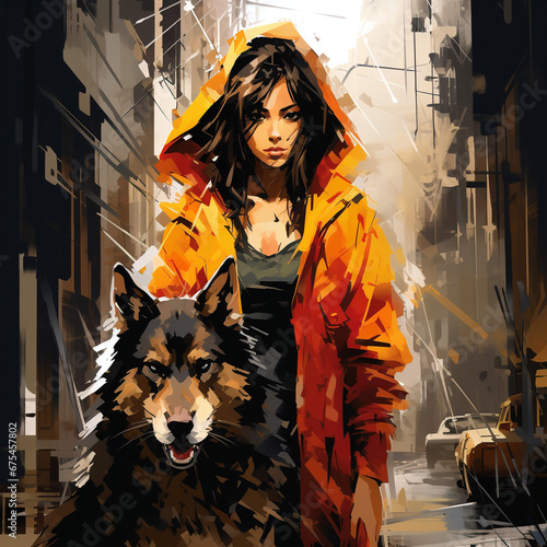 street dog with a super woman ,anime style, art, street , abstract