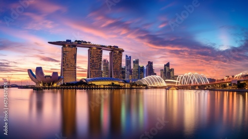 Sunset of city skyline at business district, marina bay sands hotel at night, singapore