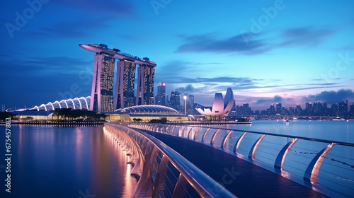 Sunset of city skyline at business district, marina bay sands hotel at night, singapore photo