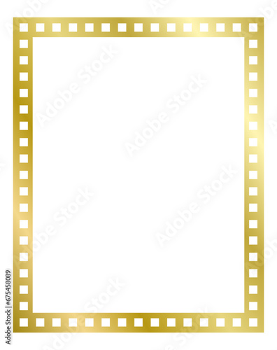 Golden square frame with holes. Film strip frame isolated on white. Vector, metal, gold 