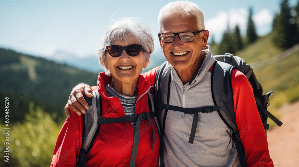 Elderly couple with joyful smiles, taking a selfie while hiking outdoors, equipped with backpacks, hats, and sunglasses, amidst a lush green forest backdrop.