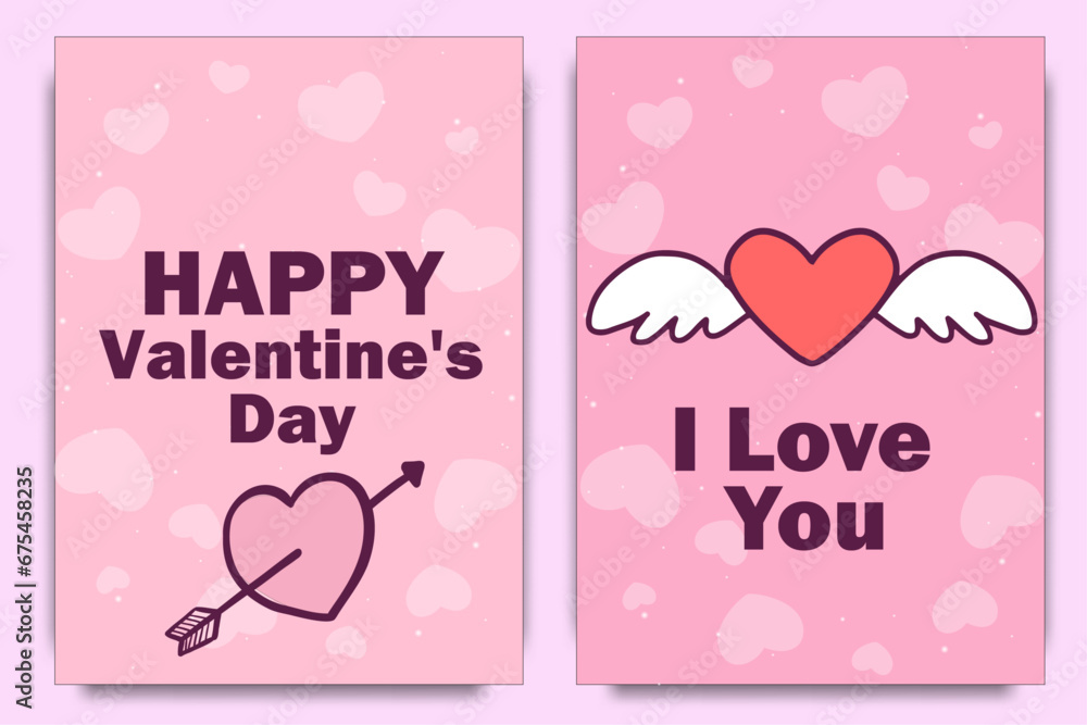 Set of Happy Valentines Day poster, greeting cards. Set invitation, posters, brochure, voucher, banners with clouds, bird, hot air balloon, hearts.