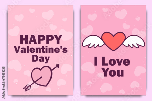 Set of Happy Valentines Day poster, greeting cards. Set invitation, posters, brochure, voucher, banners with clouds, bird, hot air balloon, hearts.