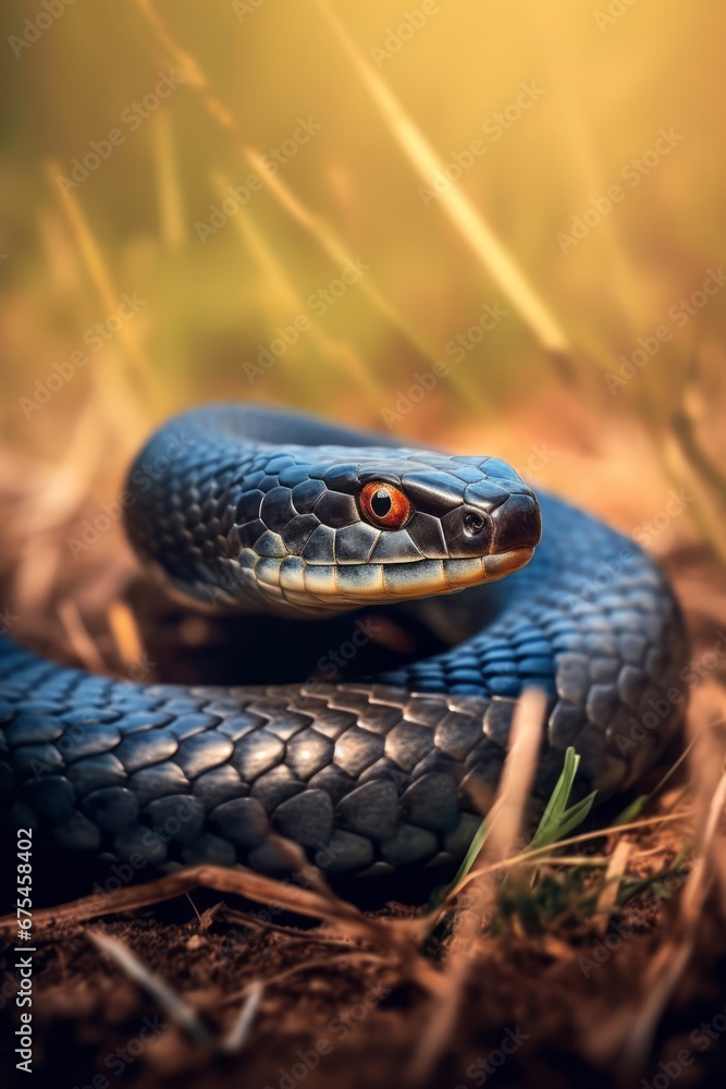 Fototapeta premium Close-up of a black and white snake in the grass.