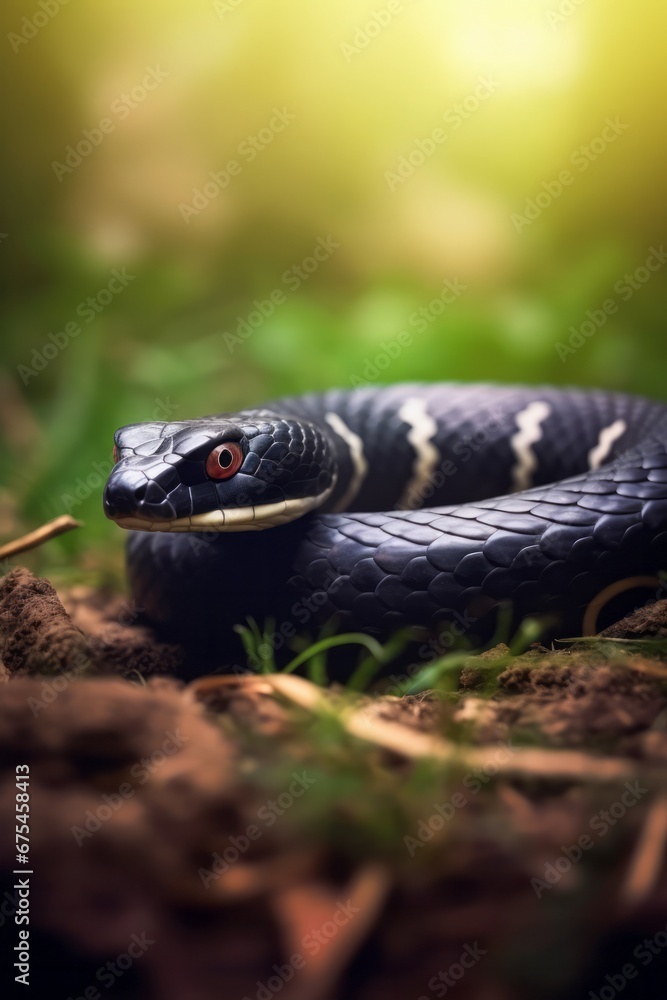 Fototapeta premium Close-up of a black and white snake in the grass.