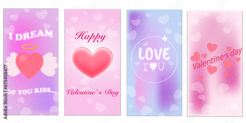 Happy Valentine's Day templates of greeting cards or posters in y2k style. Trendy minimalist aesthetic with gradients, typography, abstract forms. Vector illustrations 