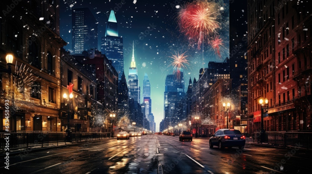 Cityscape with fireworks at night. Happy new year concept.