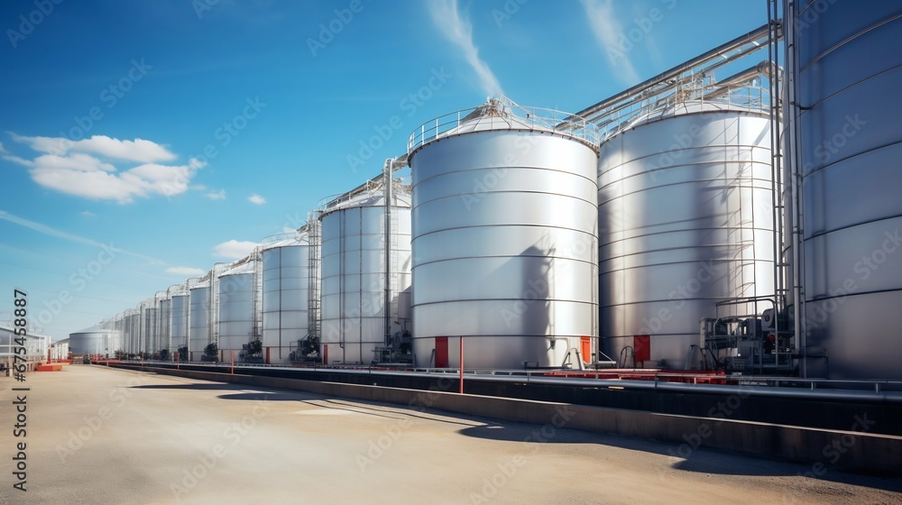 Industrial Spectrum: Large Colorful Storage Tanks and Silos in a Manufacturing Facility. Generative ai