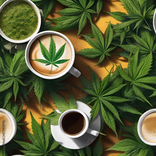 Morning coffee with cannabis marijuana leaves symbolizing the wake and bake mentality 