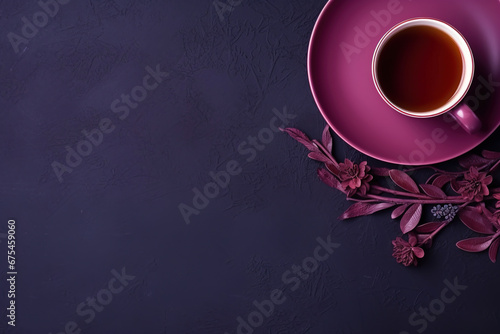 minimalist purple background with a Tea cup, cappuccino, coffee , top view with empty copy space