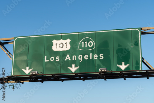 Los Angeles route 101 and 110 freeway arrow sign in Southern California.