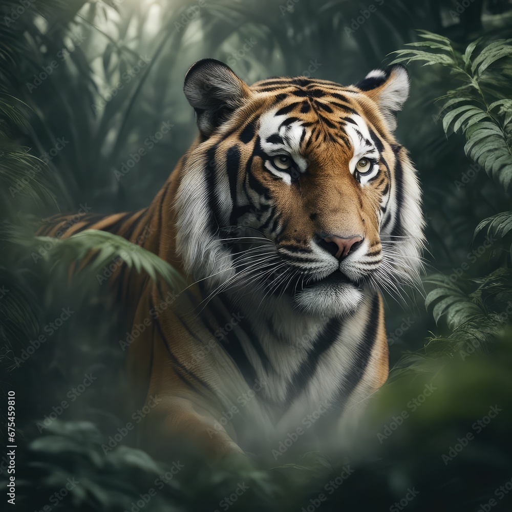 Fototapeta premium A Bengal tiger blending seamlessly with the dense undergrowth in the forest
