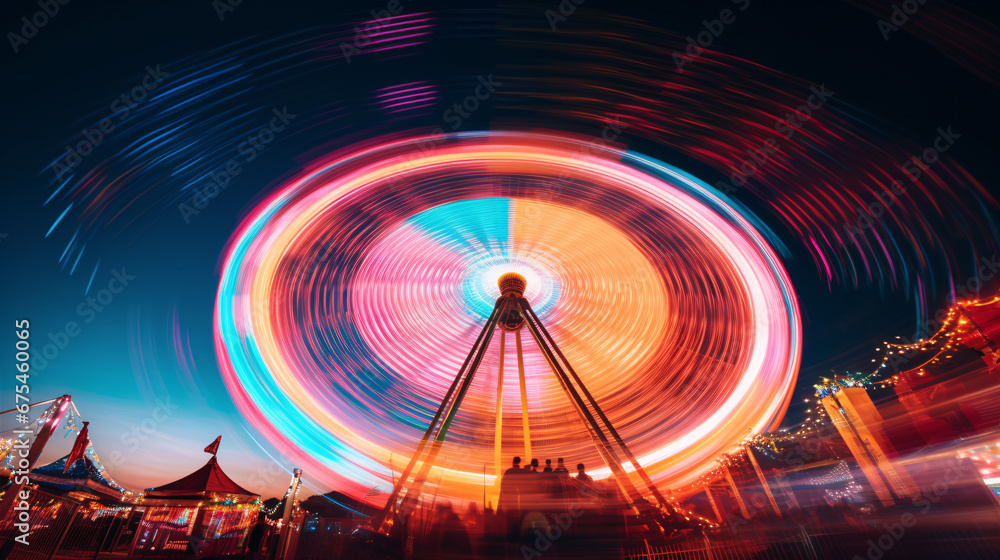A captivating long-exposure shot showing resplendent streaks of hue from an operating Ferris wheel at a vivacious carnival.