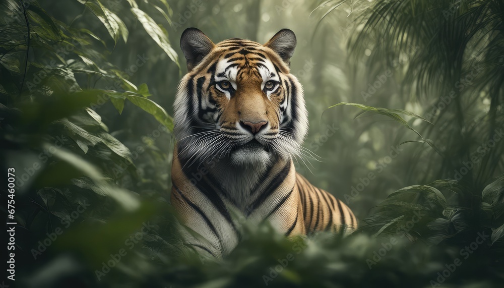 A Bengal tiger blending seamlessly with the dense undergrowth in the forest A Bengal tiger blending seamlessly with the dense undergrowth in the forest