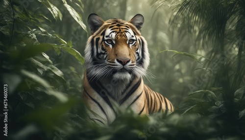 A Bengal tiger blending seamlessly with the dense undergrowth in the forest