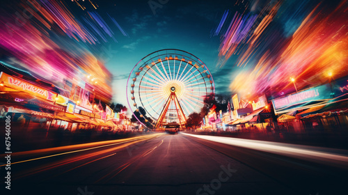 A captivating long-exposure image documenting the dazzling trails of hued illumination formed by a spinning Ferris wheel amidst a lively carnival setting.