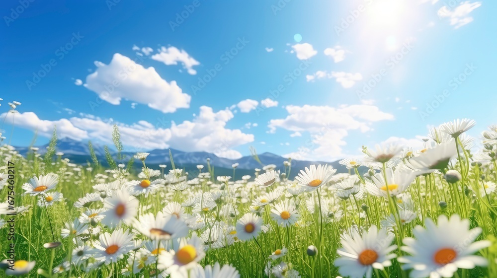 A view of daisy flower with a clear sky behind them