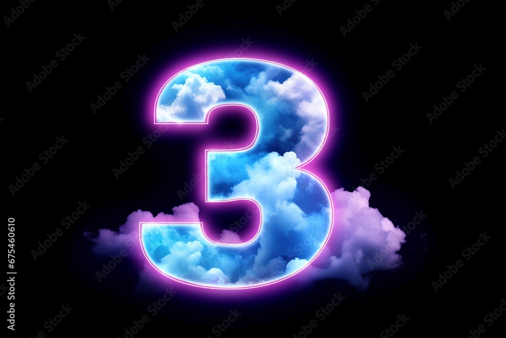 Vibrant Fantasy: A 3D Render of Neon Number Three with Linear Neon 'Three,' Set against a Colorful Cloud in a Surreal Abstract Landscape Vibrant Fantasy: A 3D Render of Neon Number Three with Linear Neon 'Three,' Set against a Colorful Cloud in a Surreal Abstract Landscape