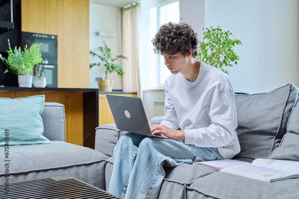 Handsome guy college student studying at home typing on laptop, sitting on sofa Handsome guy college student studying at home typing on laptop, sitting on sofa