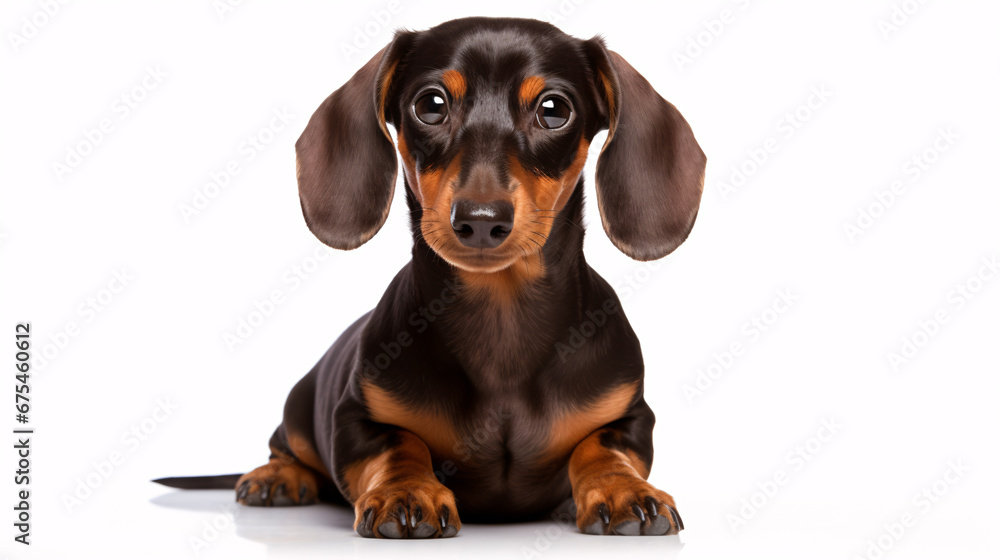 A dachshund, seated solo on a plain, white surface.