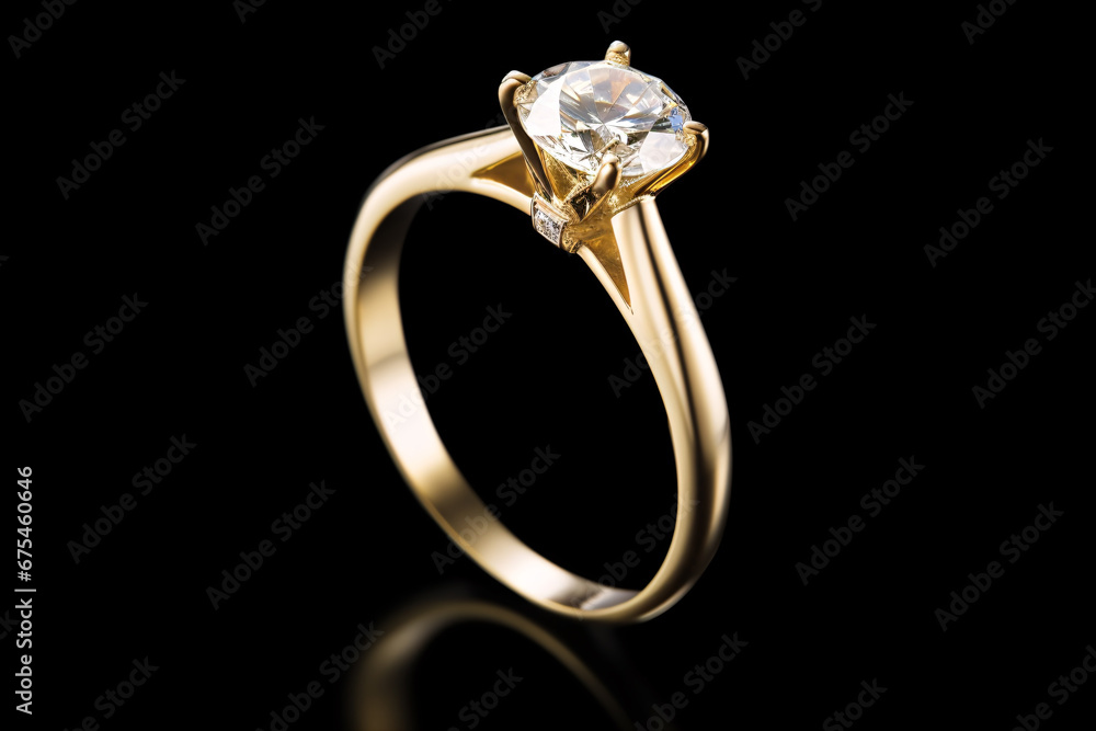 A yellow gold, solitaire-style engagement ring sits isolated on black. A yellow gold, solitaire-style engagement ring sits isolated on black.