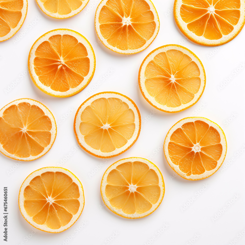 A delectable top-down view of orange slices on a pale canvas. A delectable top-down view of orange slices on a pale canvas.