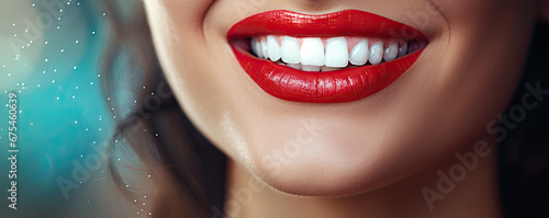 detail of smile with white teeth and red lips on bokeh background.