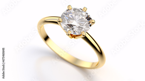 A gleaming yellow gold solitaire engagement ring is isolated on a white background.