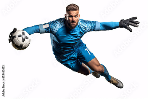 A professional soccer keeper wearing sports attire leaps to catch the ball against a plain, white backdrop - a visual representation of sport, action, and the pursuit of success. photo