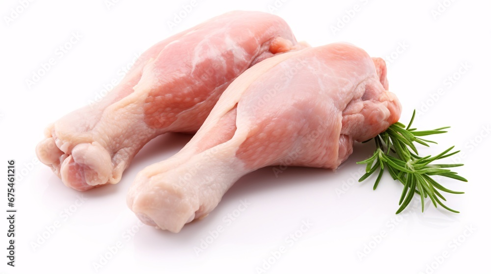 A juicy batch of poultry legs, on a pristine white background - an edible representation of pureness.