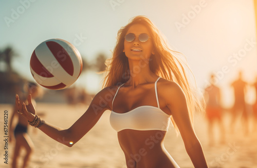 Close up of cute sexy girl playing beach volleyball.