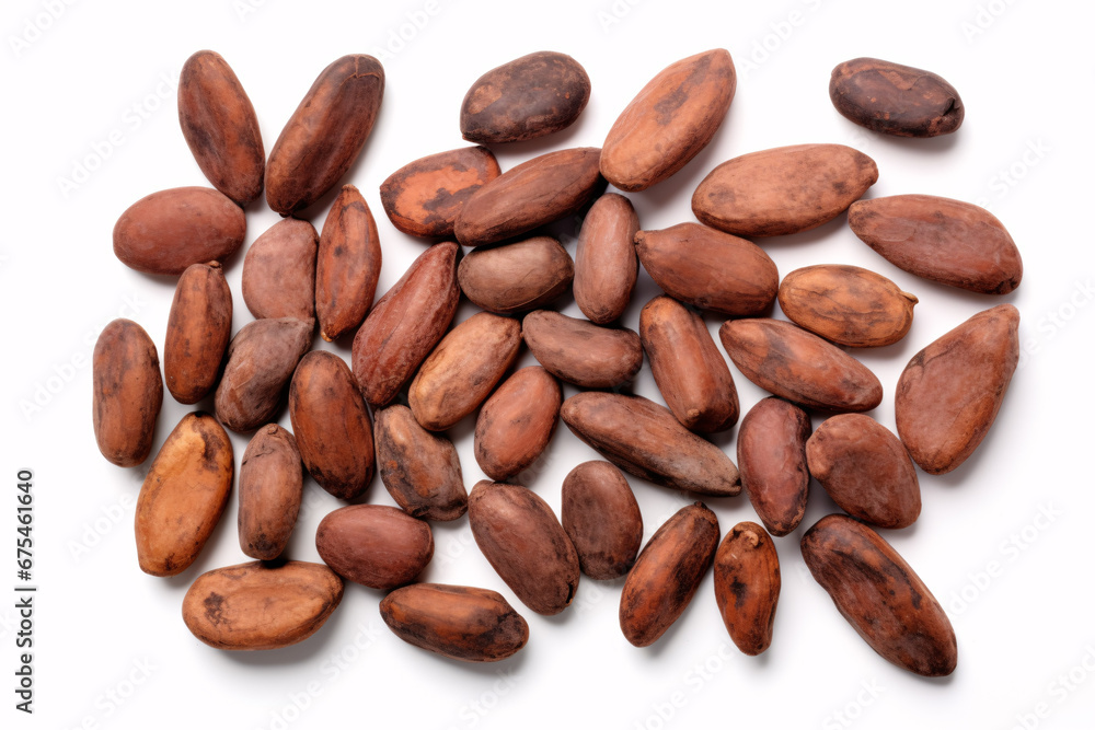 A view of pristine cocoa fruits and moistened/parched cocoa beans placed on a white surface. A view of pristine cocoa fruits and moistened/parched cocoa beans placed on a white surface.