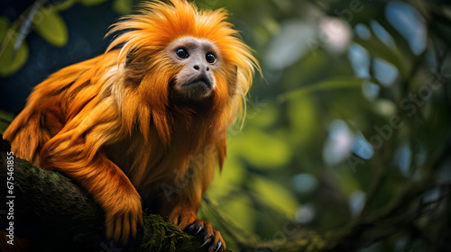 Endangered Golden Lion Tamarin in Brazilian Rainforest, Generative AI photo