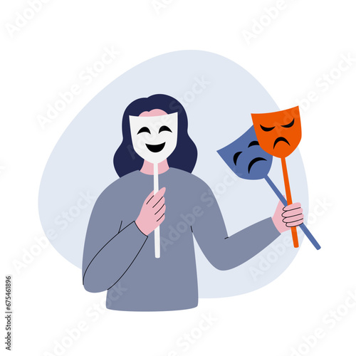 Dissociation mental disorder. Woman hides her face under a mask. Dissociation of identity. Flat vector illustration of mental problem