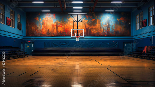 Nostalgic tapestry of the school gym, resonant with the echoes of sportsmanship and resolve, photo