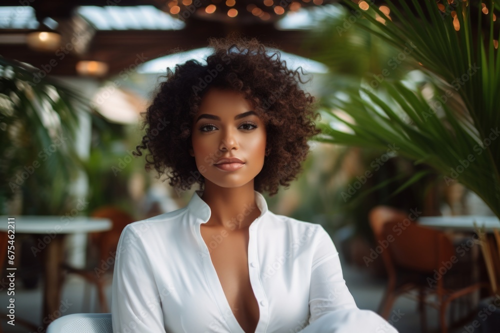 happy modern african american woman against the background of a yacht and tropical palm trees happy modern african american woman against the background of a yacht and tropical palm trees