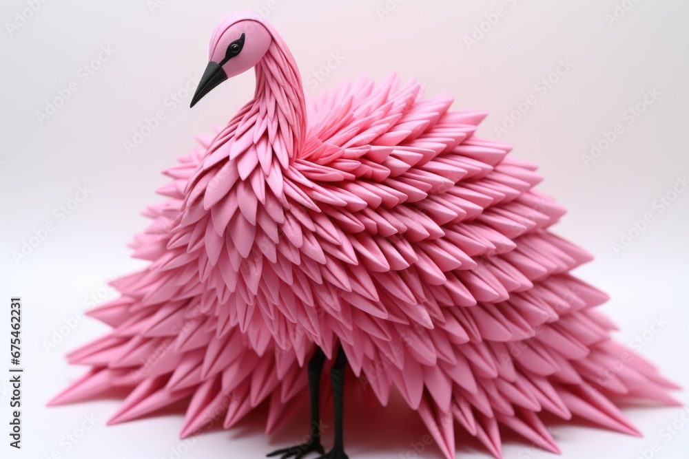 Fototapeta premium A pink origami bird is standing on a white surface