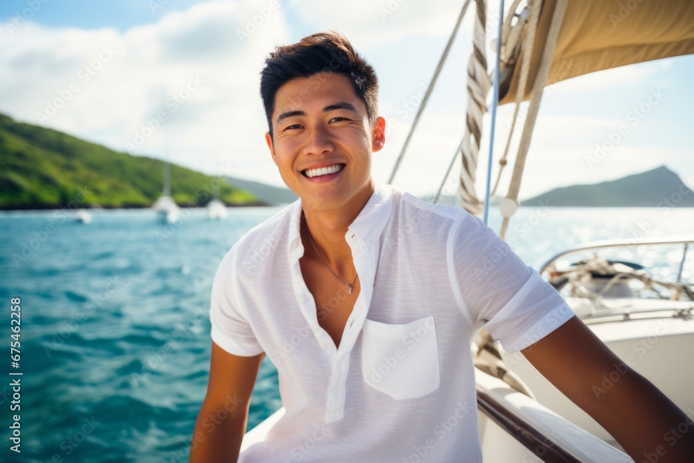 happy modern asian man against the background of a yacht and tropical palm trees