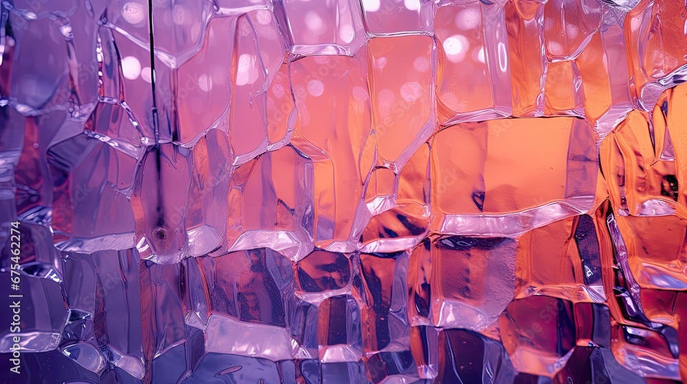 Structure of ice cracking, melting or building ice cubes, snowflakes. Frozen texture for cold and glowing winter days, purple, orange, shiny surface for card and banner.