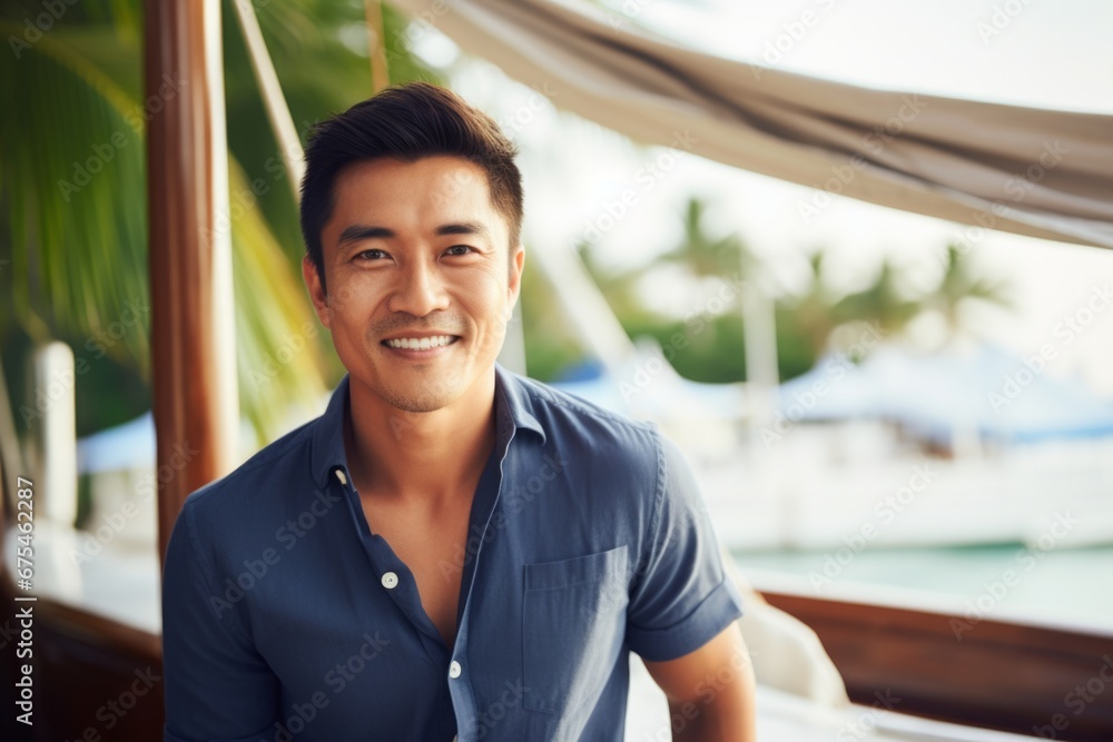happy modern asian man against the background of a yacht and tropical palm trees happy modern asian man against the background of a yacht and tropical palm trees