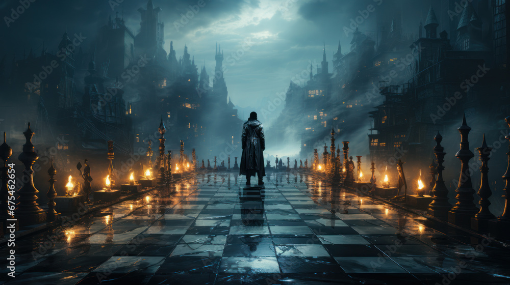 Obraz premium Silhouette of person walking on chess board, Generative AI