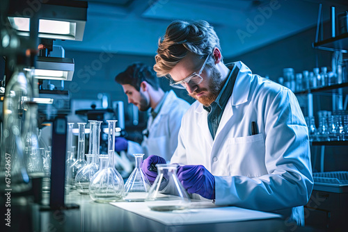 Concentrated biologist in sterile clothing doing research in laboratory
