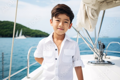 happy modern asian child boy against the background of a yacht and tropical palm trees © vasyan_23